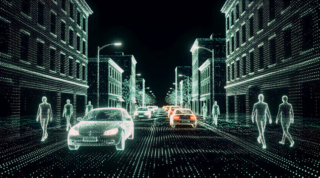 3D Point Cloud Visualization Generated by Autonomous Vehicle Sensors with Thousands of Luminous Dots Forming Ghostly Outline of Street Scene Including Buildings and Pedestrians
