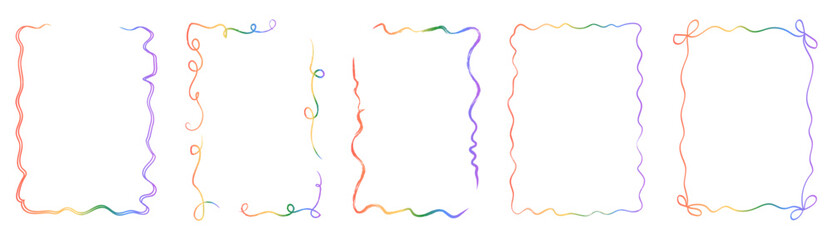 Retro whimsical rainbow gradient frame set with scalloped and wavy hand-drawn borders. Vibrant multicolored frames for greeting cards, menu, gift tags, and modern stationery. Vector illustration. © millering