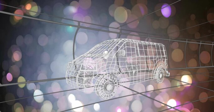 Wireframe van showcasing transport design while camera shifting, translating grid and pulsing bokeh