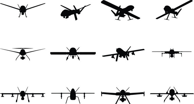 Unmanned combat aerial vehicles collection, military surveillance drone vectors in multiple angles representing modern warfare technology defense systems and advanced aviation design.