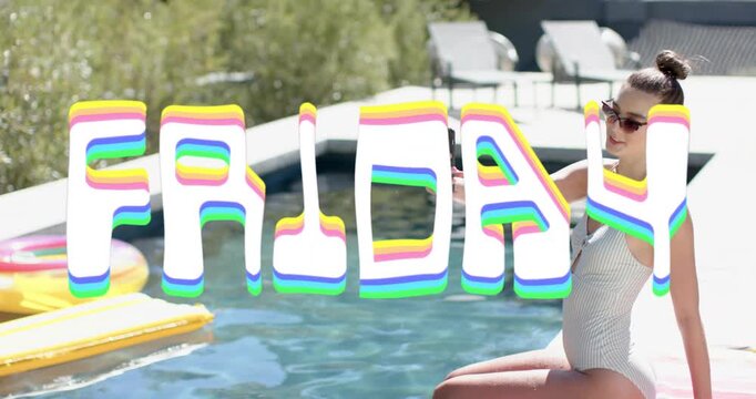 Female in 20s sitting right pool edge using phone, adjusting swimsuit, FRIDAY overlay, copy space