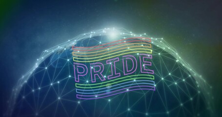 Glowing wireframe dome pulsing in space gradient, with neon PRIDE, rainbow stripes, glowing nodes © vectorfusionart