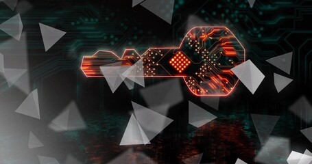 Glowing circuit key emitting neon traces over teal traces, floating triangles mirroring floor © vectorfusionart