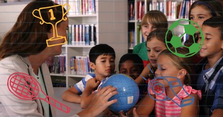 Holding blue globe, teacher in light blazer guiding kids in classroom, doodles and bookshelves © vectorfusionart