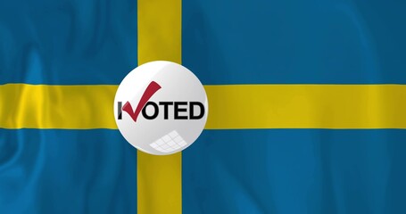 Displaying Swedish flag with white voting sticker centered over yellow cross, showing red checkmark