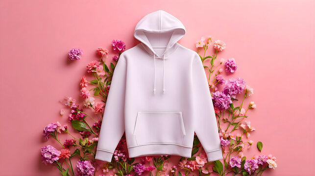 White hoodie lies centered amid vibrant pink and red hydrangea blossoms against a soft pink backdrop creating a fresh inviting and modern apparel