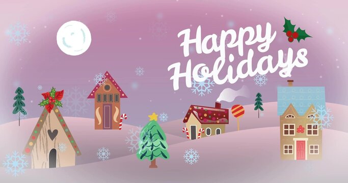 Showing Happy Holidays script with holly over pastel hills at dusk, central tree and five houses