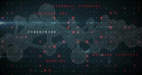 Pulsing network of translucent nodes flashing red alerts on dark grid, floating glyphs, CYBERCRIME