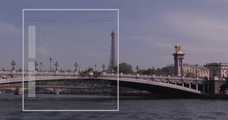 Fototapeta premium Showing ornate bridge featuring gilded statues lamps over Seine in Paris, Eiffel Tower, HUD overlay