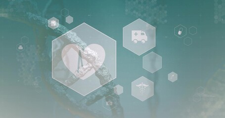 Displaying teal hexagon showing heart ECG motif on medical UI, with ambulance pill camera icons