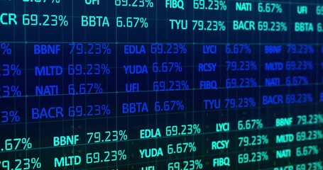 Naklejka premium Displaying LED wall showing glowing tickers and percent values on trading floor, with grid lines
