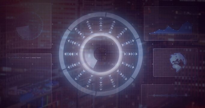 Animating central segmented circular HUD rotating within digital dashboard, with waveform panels