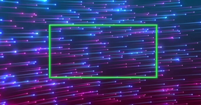 Glowing neon green frame hovering center over dark gradient, moving blue-to-purple streaks, pixels