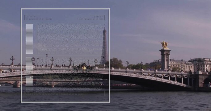 Showing ornate bridge featuring gilded statues lamps over Seine in Paris, Eiffel Tower, HUD overlay