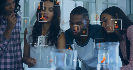 Leaning in colleagues in casual attire studying tablet in bright office, with glasses and HUD icons