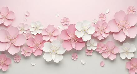 Fototapeta premium Delicate pink cherry blossoms scattered in a soft, dreamy arrangement