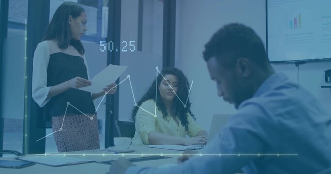 Diverse team in shirts with African American man leaning over writing docs in boardroom, copy space