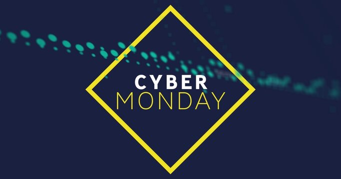 Featuring yellow diamond frame holding CYBER MONDAY text on navy background, with teal bokeh trail