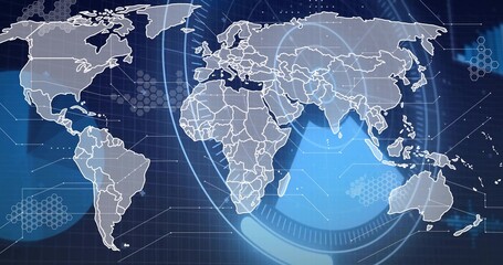 Naklejka premium Displaying stylized world map with HUD rings on tech dashboard, hexagons, glowing nodes, data lines