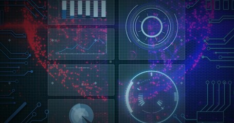 Presenting central 2x2 HUD panels overlaying dark-grid with gauges, traces, radar, red-purple cloud