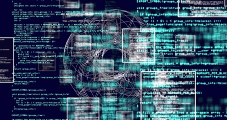 Floating wireframe sphere overlaying code panels on virtual display, showing nodes and code streams