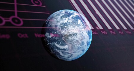 Fototapeta premium Floating Earth globe showing cloud patterns and terminator in starfield, displaying data overlays