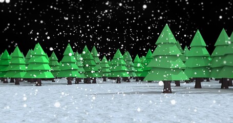 Naklejka premium Showing stylized evergreen trees standing on snow-covered ground at night, with falling snowflakes