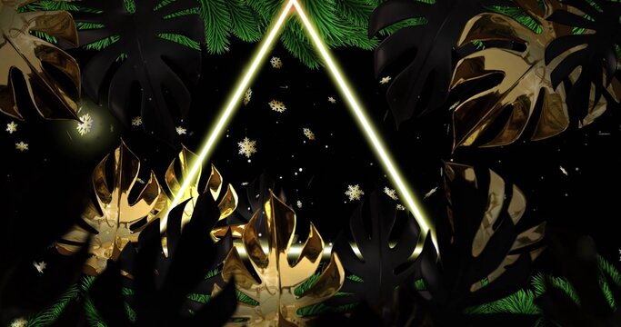 Glowing neon triangle framing starry black field at digital backdrop, with gold tropical leaves