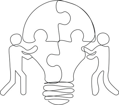 Minimalist line art illustration representing the concept of teamwork and collaborative problem-solving.  Two stylized figures working together to assemble a large light bulb. 