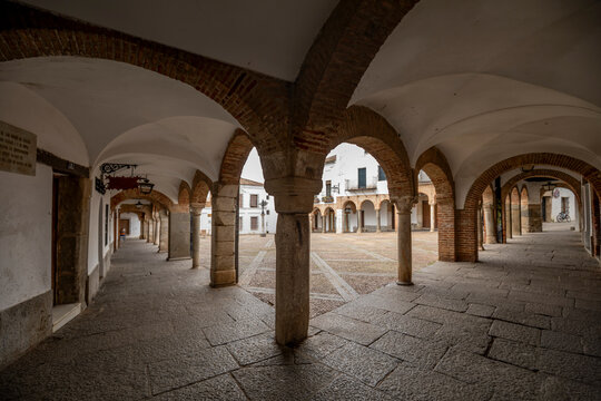 Arcade and porticoes of the Plaza Chica in Zafra, Badajoz, Extremadura, Spain