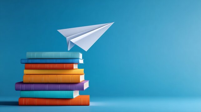 Paper airplane flying above colorful stack of books on desk with bright blue background, creative education concept symbolizing imagination, learning, knowledge, school study materials and student aca