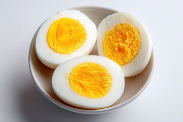 Three halves of hard boiled eggs with bright yellow yolks served in a small light colored bowl