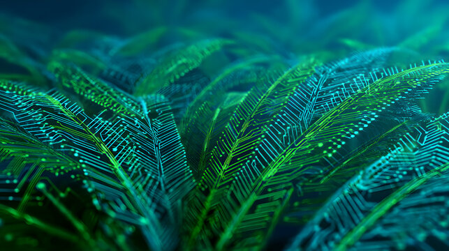 Abstract digital eco background with green glowing circuits forming leaves on a gradient teal and blue background. Futuristic environmental concept for sustainability visuals.