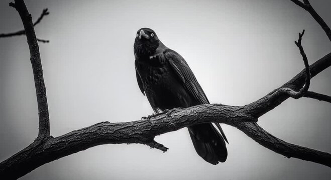 monochrome crow perched on bare branch silhouette video