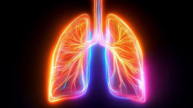 Animation shows lungs with colorful neon highlights outlining respiratory pathways and structure against dark background