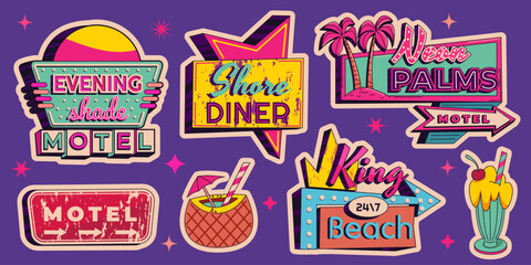 Plakat Vintage neon bar and motel signs with retro arrows and glowing lights. Vector cartoon illustration of classic American roadside signage set, vibrant nostalgic beach hotel, diner signboard collection