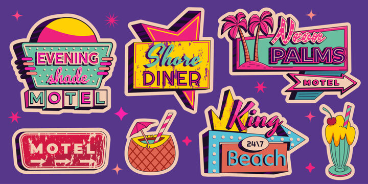 Vintage neon bar and motel signs with retro arrows and glowing lights. Vector cartoon illustration of classic American roadside signage set, vibrant nostalgic beach hotel, diner signboard collection