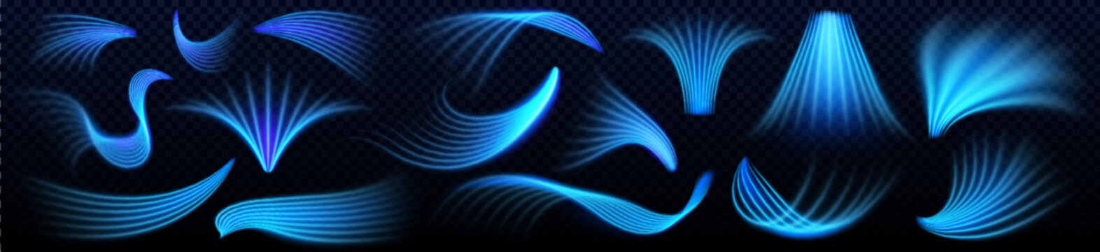 Fresh air flow with cool blue lines, light effects, realistic vector isolated on transparent background. Flowing cold wind patterns and clean breeze texture design, conditioner blow