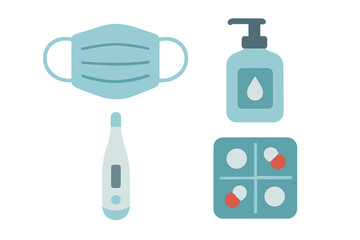 Fototapeta premium Essential health items including mask, sanitizer, thermometer, and medication organized in a clean layout for healthcare awareness