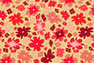 Vibrant red and pink flowers on yellow background, floral pattern, blooming design, colorful texture