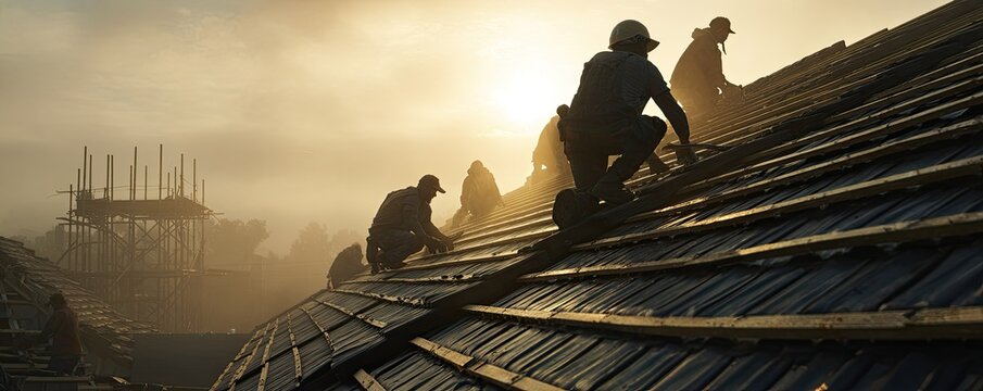 Workers construct a roof at sunrise in a hazy, golden light