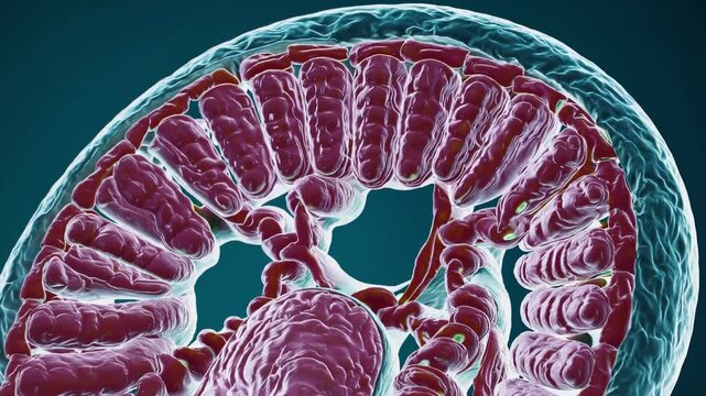 Mitochondria Structure And Function. Visualization Of Cellular Energy Producing Organelle. Detailed Animation Showing Mitochondrial Components And ATP Production For Teaching And Learning