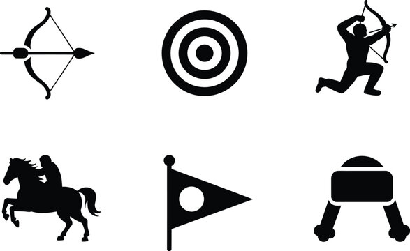 Six Black Silhouette Icons Representing Sports and Activities archery arrow