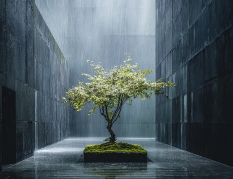 Lone tree flourishes amid falling rain in a stark, modern architectural space