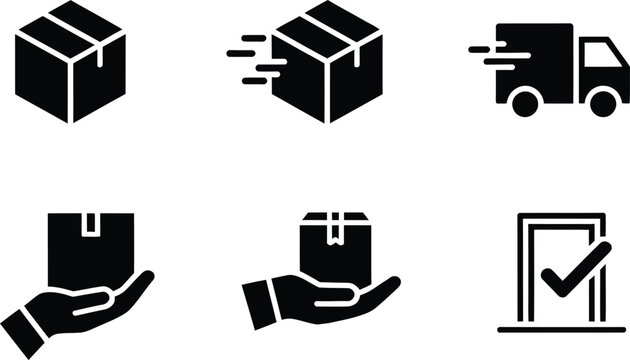 Six black vector icons for package delivery and handling services shipping