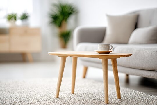 A minimalist living room scene with a coffee table and sofa