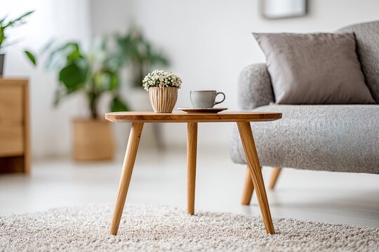 Cozy living room corner with a small wooden table, a cup, and a plant