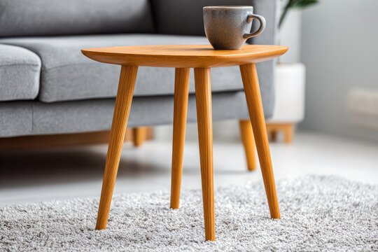 Small wooden table with a cup of coffee on a rug next to a sofa