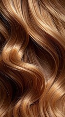 Naklejka premium A close-up shot showcases flowing, wavy hair with a blend of warm brown and golden highlights, creating a luxurious and textured appearance.