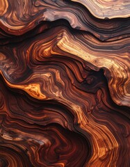 Fototapeta premium A detailed close-up showcases the intricate swirling patterns and rich, warm tones of a highly figured wood grain, resembling a natural abstract artwork.